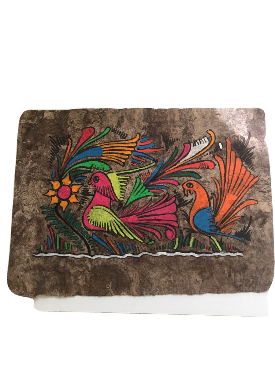 Vintage 1970's Mexican Folk Art on Parchment Hand Painted