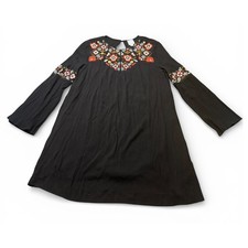 Blue Rain Black Embroidered Floral Boho Long Sleeve Shift Dress Large
