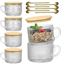 LANDNEOO 6 Pack 14oz Vintage Glass Coffee Mugs with Bamboo Lids and Spoons,...