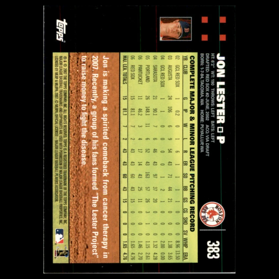 Jon Lester #383 2007 Topps Boston Red Sox Baseball Card MLB NM - Image 2 of 3
