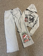 Ed Hardy Women  s MD Crop Hoodie  Flared Sweatpants Wide Leg Y2K Set Grey