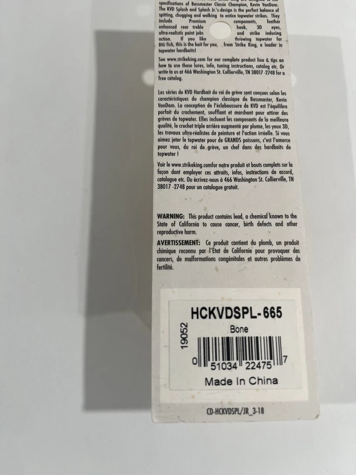 Strike King HCKVDSPL-665 KVD Splash Hardbait 3" 1/2 oz. Hueso Foto 3 de 4