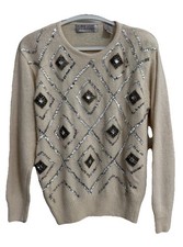 Vintage Karen Scott Sz PM Silk Angora Beaded Sequin Ivory Party Sweater NWT