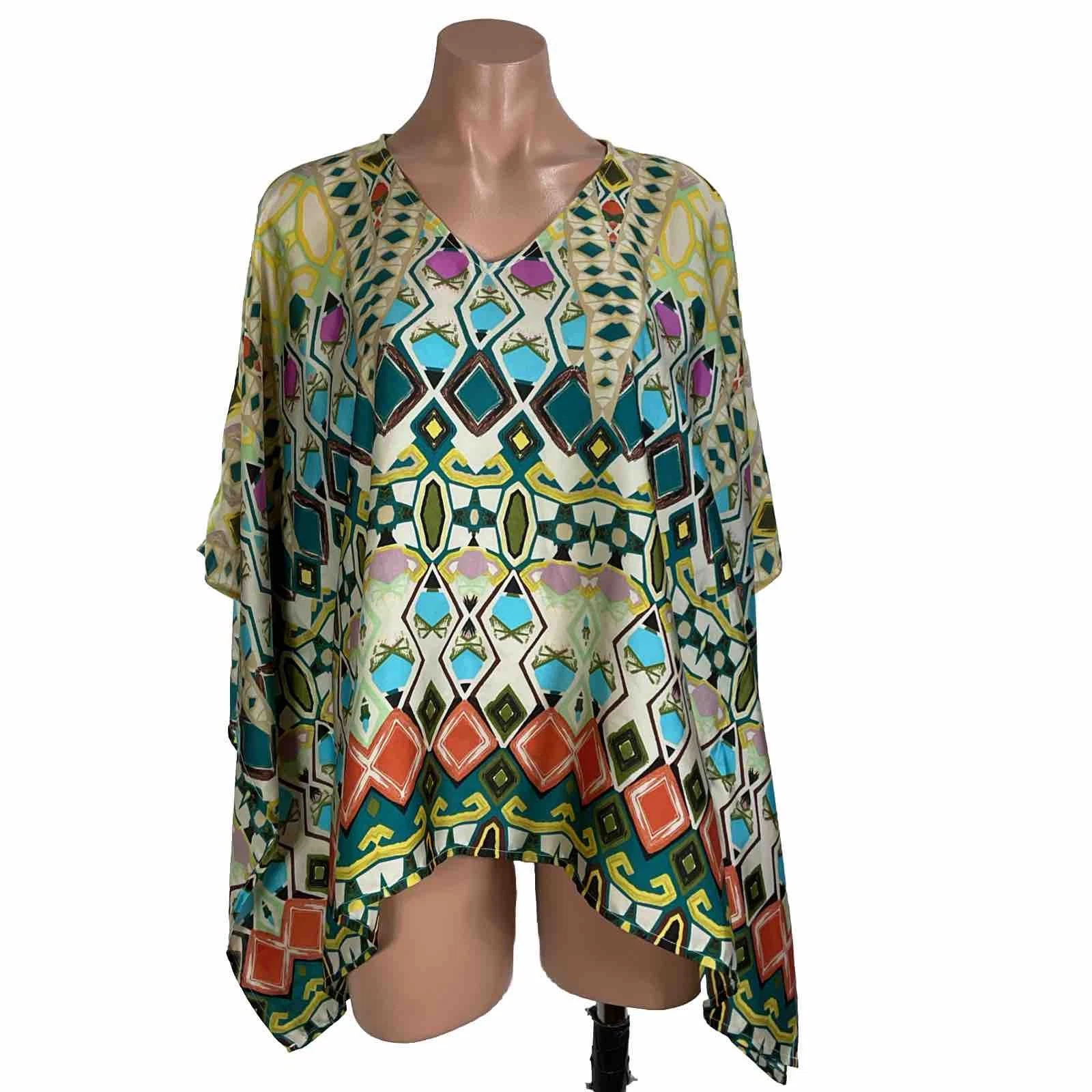 Chicos Poncho Top Small Medium Satin Geometric Boho Festival Lagenlook Artsy