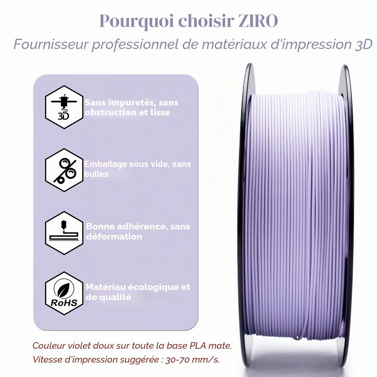 Mat Filament pour Imprimante 3D Mat PLA 1.75mm 1 kg Violet Pastel