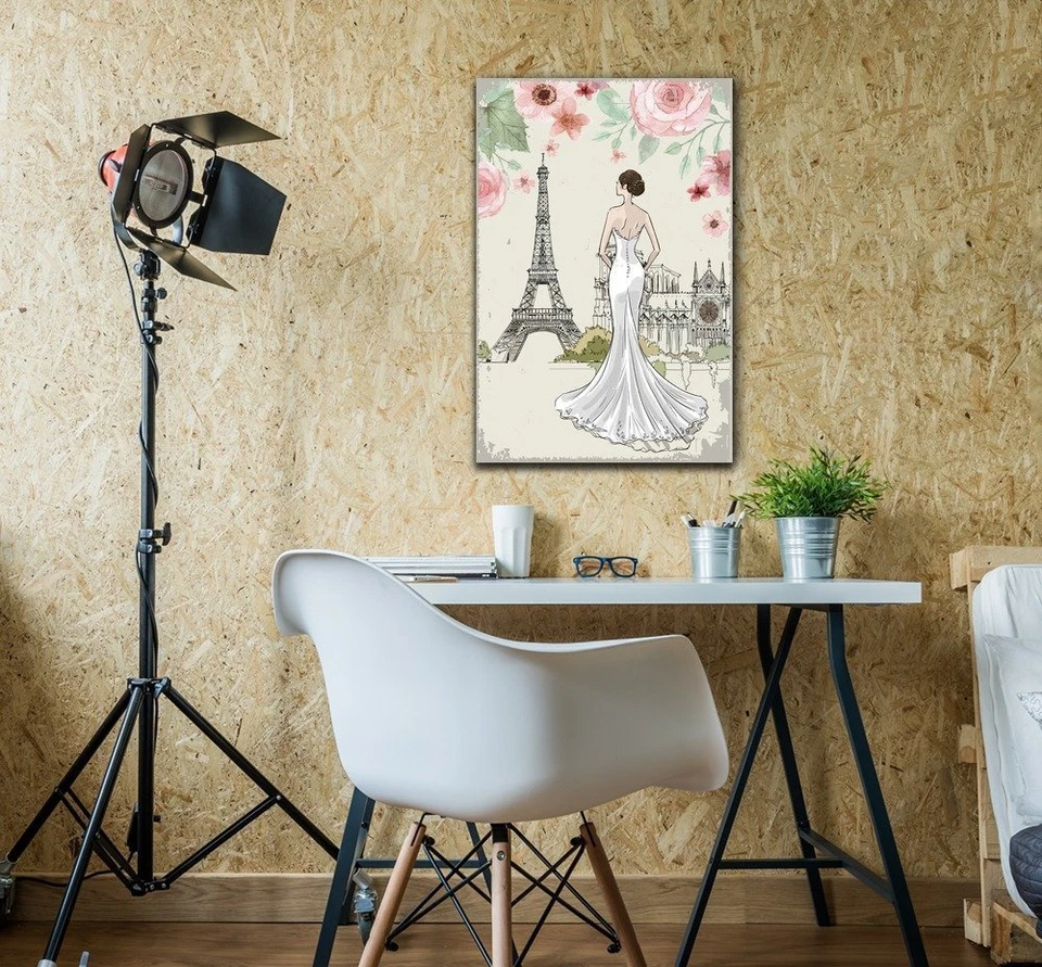 Wall26 - Arte de pared en lienzo - Espalda de una dama con Torre Eiffel y flores - 16x24 Foto 2 de 3