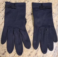 Vtg Size M 7.5 Blue Double Woven Nylon Formal Stretch Gloves Bow Accent Japan 8"