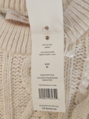 NEW $425 Tory Burch M Medium Ivory Winter White Valero Fisherman
