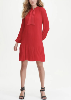 chinese dress ladies DKNY Long Sleeve Tie Neck Pleated Shift Dress,Black, 2 at Amazon Women's  Clothing store main image 1