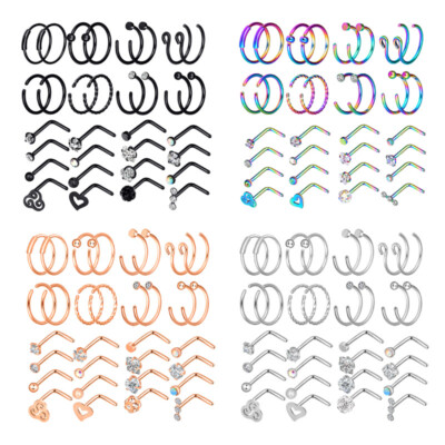 16-32pc 20G Nose Ring Hoop L Bend Nose Stud Ring Surgical Steel Piercing Jewelry