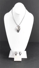 Silver Tone Matching Heart Rhinestone Necklace Earring Set Artisan Lobster Clasp