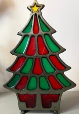 Christmas Tree Faux Stained Glass with Cast Iron Votive Candle Holder Red Green