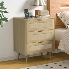 3 Drawer Rattan Nightstand with Charging Station, Boho Bedside Table with Storag