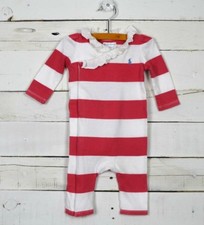 Baby Girls RALPH LAUREN Sz 6m Red White Stripe One Piece Romper Ruffle Collar