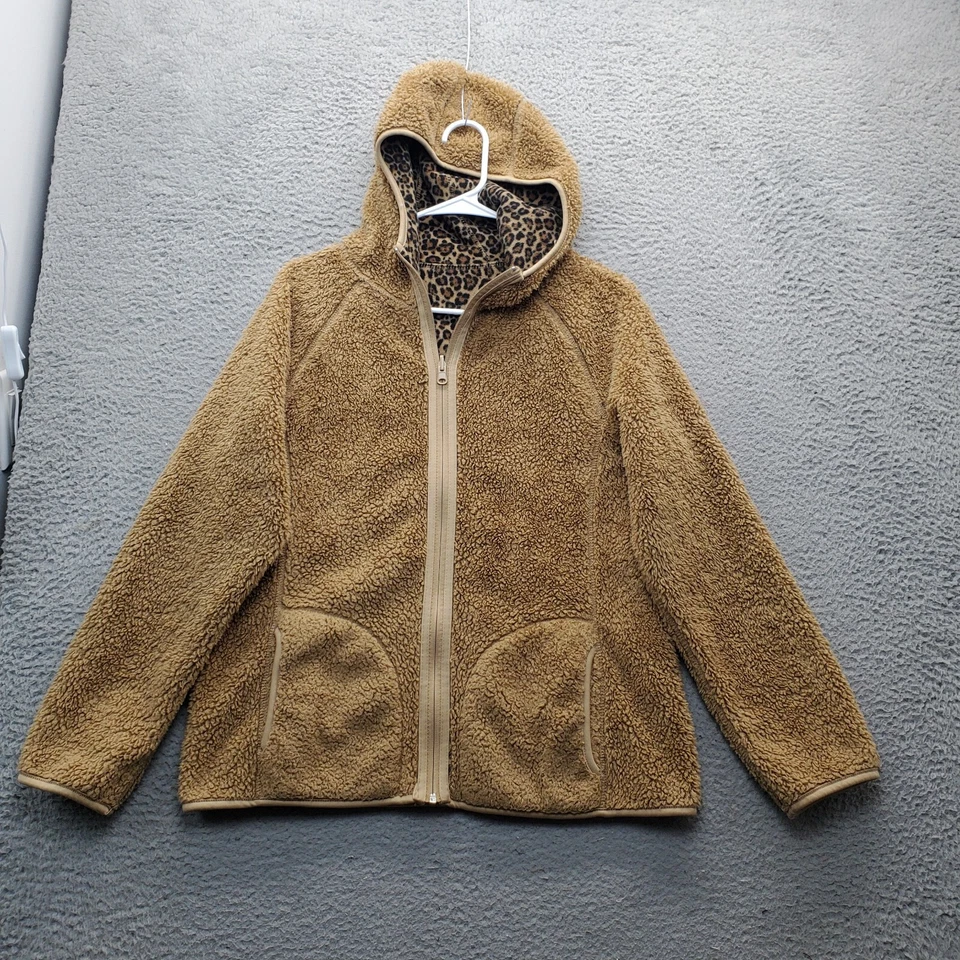 Covington 抓绒夹克女式 M 多豹纹双面连帽全拉链 — 第 3/4 张图片