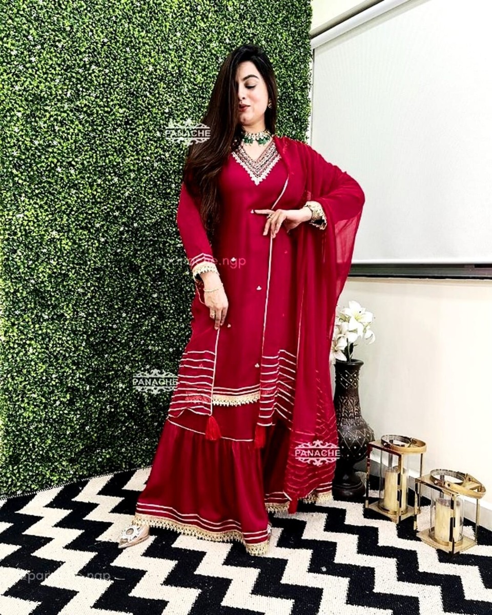 Heavy Rayon Kurta Sharara Dupatta Set Gotta Patti Work Red Kurtis Kurtas  Set