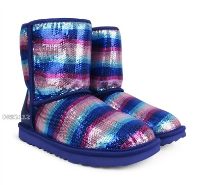 UGG Classic Short II Sequin Violet Rainbow Fur Boots Kids Size 6