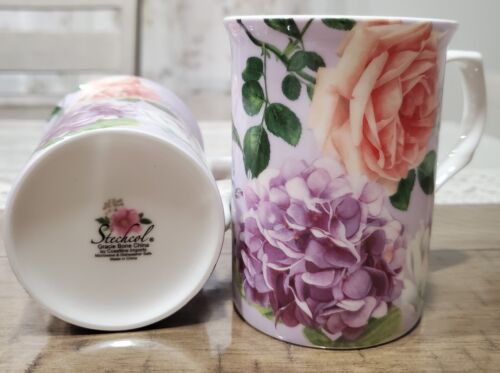 Set of 2 Stechcol Gracie Bone China Mugs "LAVENDER MULTICOLOR FLOWERS" 9 oz each - Picture 7 of 13