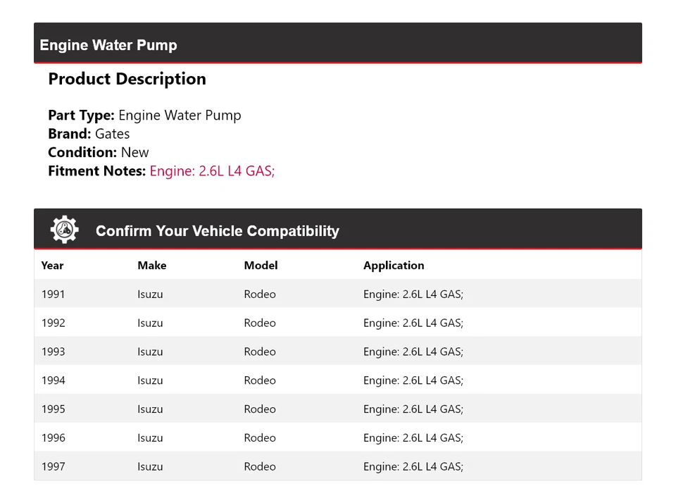适用于 1991 - 1997 五十铃 Rodeo 2.6 升 L4 气体发动机水泵门 1992 1993 1994 — 第 2/4 张图片