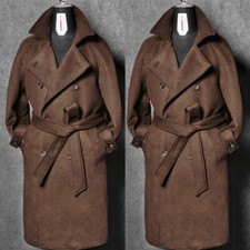 Wool Cashmere Brown Men's Long Overcoat with Belt Business Formal Outwear Coat
