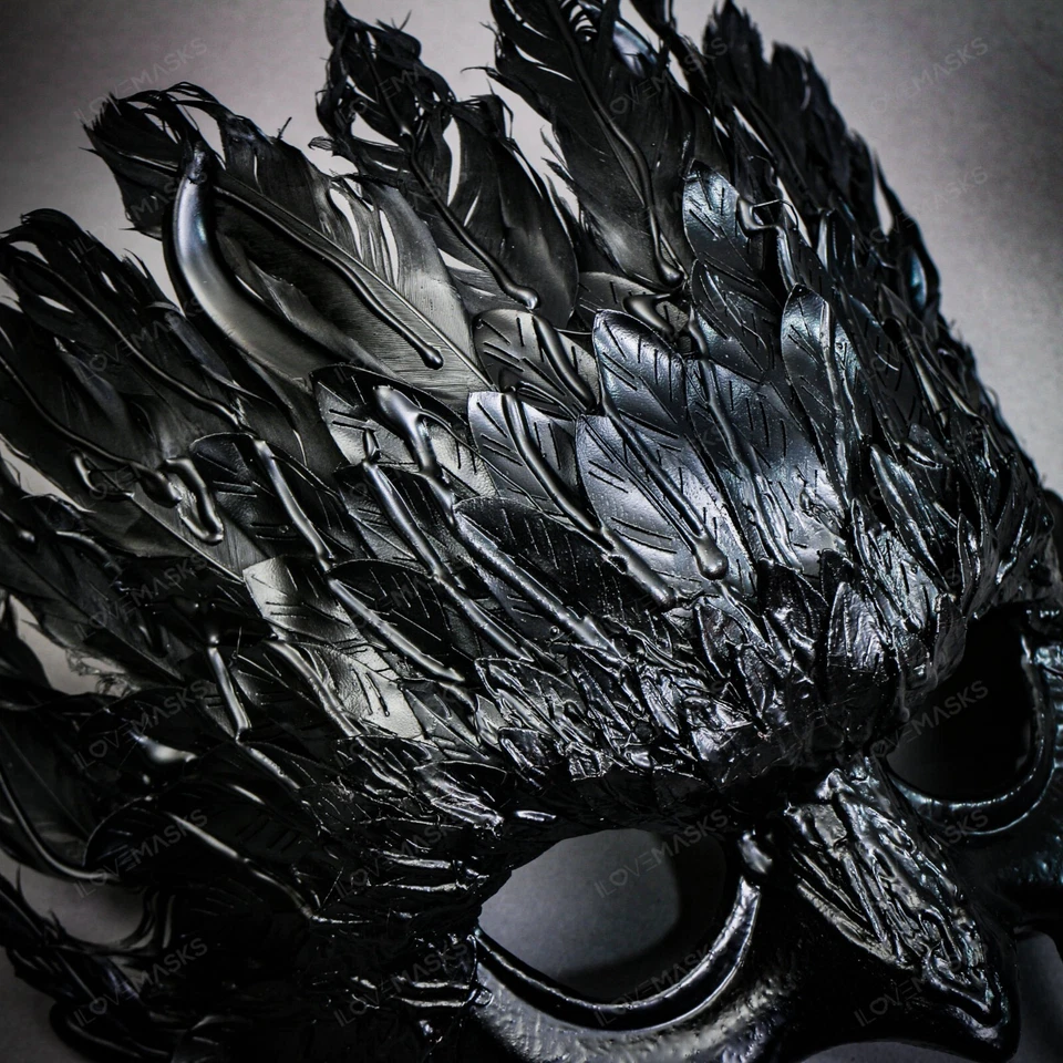 Dark Raven Demon Masquerade Mask with Black Feather Crown and Gothic Beak - Image 4 of 4