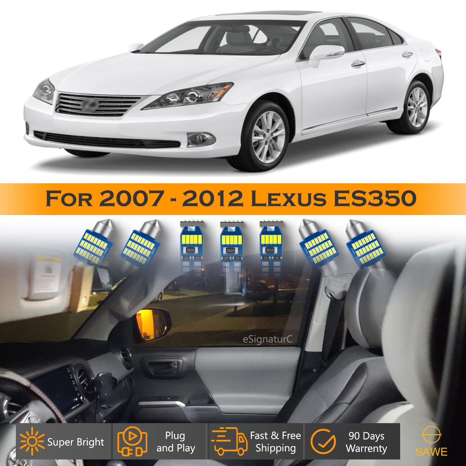 15 x Ultra White LED Lights Interior Package Kit For 2007 - 2012 Lexus ES350