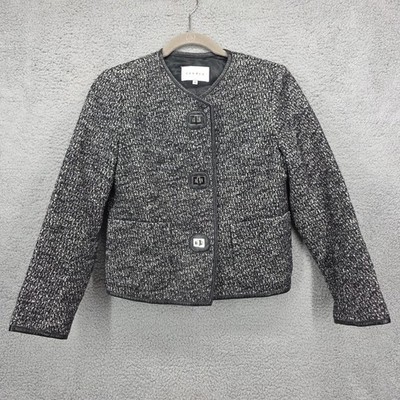 Sandro Tweed Jacket Black White Leather Trim Blazer Women Size 36