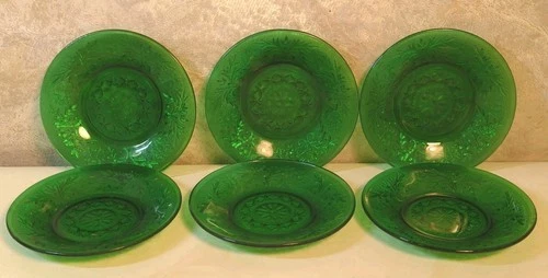 Vtg 6 Small Mini Plates Emerald Green Anchor Hocking Sandwich Glass Embossed4.5"
