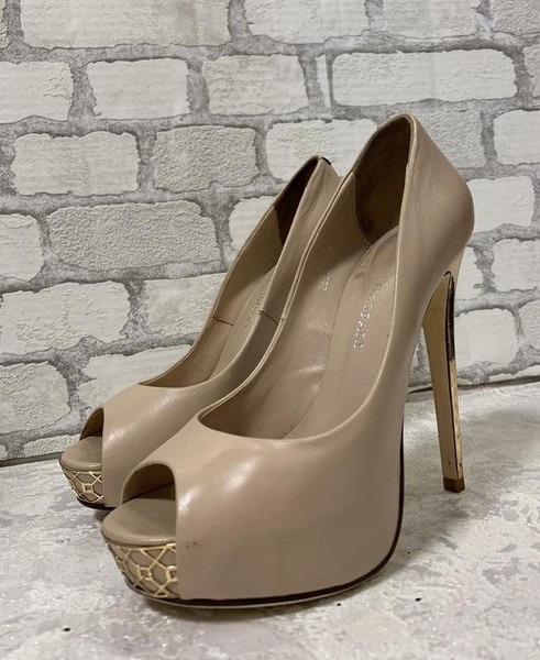 Women Heels Beige Leather 35 #4EE4