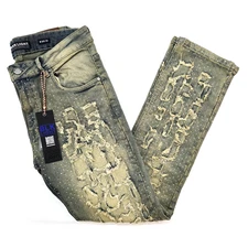 Black Light Men Jeans Stretch Slim Straight Fit Tint Blue Distr Denim Rhinestone