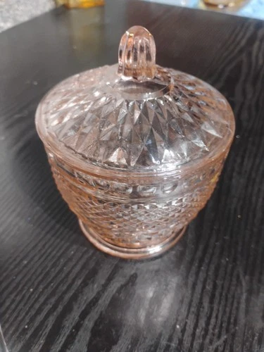 Vintage Peach Pink Depression Glass Candy Dish Jar with Lid Sugar Dish Kig