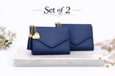 Set Of 2 Blue Mini PU Leather Tri-fold Wallet Purse Tassel Heart Charm
