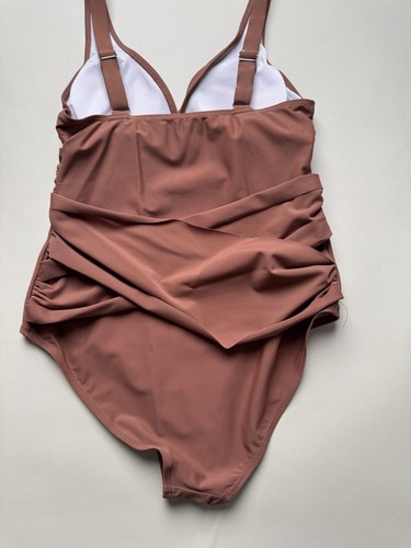 One Piece Swimsuit Womens Medium Brown Ruched Wrap Front Adjustable Straps Chic - Picture 6 of 8
