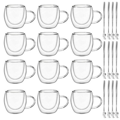12 Pcs 8 oz Clear Glass Coffee Mugs with Handles & Spoons - Insulated Tea Cups S