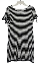 Talbots Petite Shift Dress LP Large Petite Blue White Striped Cotton Tie Sleeve