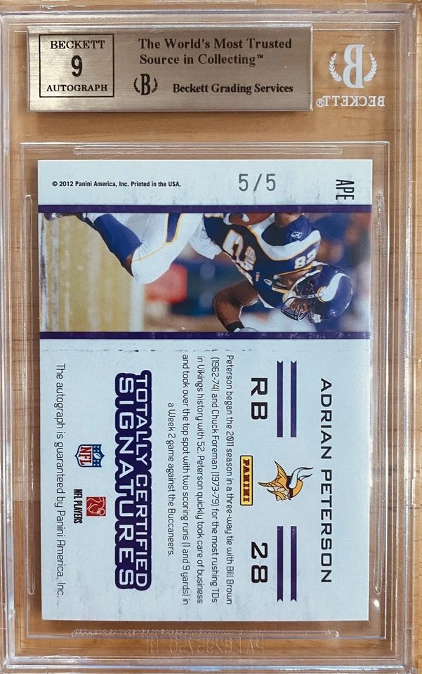 2012 Panini Totally Certified Green Signatures Adrian Peterson /5!!! BGS 9.5!!! - Image 2 of 2