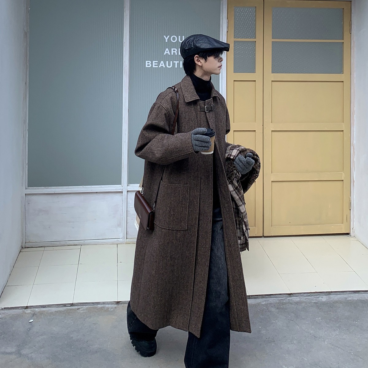 Men's Woolen Coat Casual Lapel Collar Single Button Warm Cashmere Long Overcoat