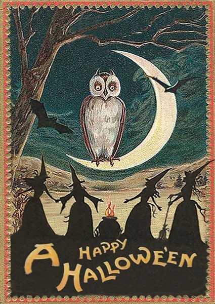 Halloween Owl Art Greeting  Card  Moon Bats Witches Vintage  Madame Treacle