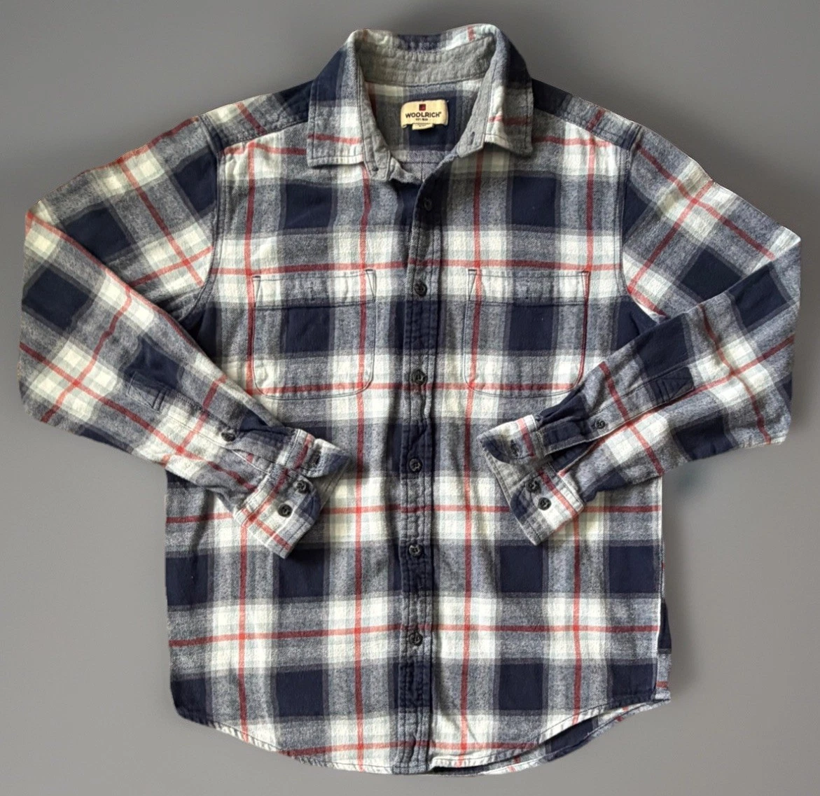 Woolrich Long Sleeve Button Flannel Shirt Blue White Pockets Plaid Small JBHS