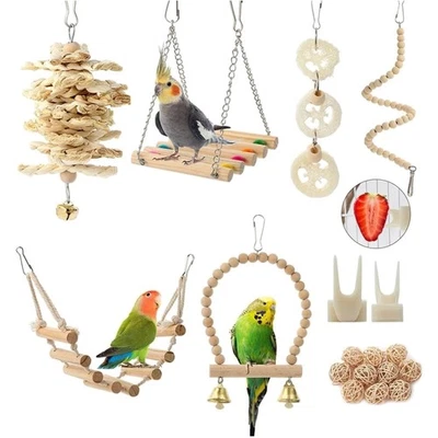 Vogelspielzeug Set 18 stk Holz Rattan Schaukel Kauspielzeug Hängematte - Bild 1 von 2