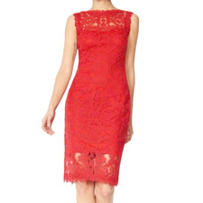 Tadashi Shoji Women's Red Corded Embroidery On Tulle Boatneck Dress Size 12