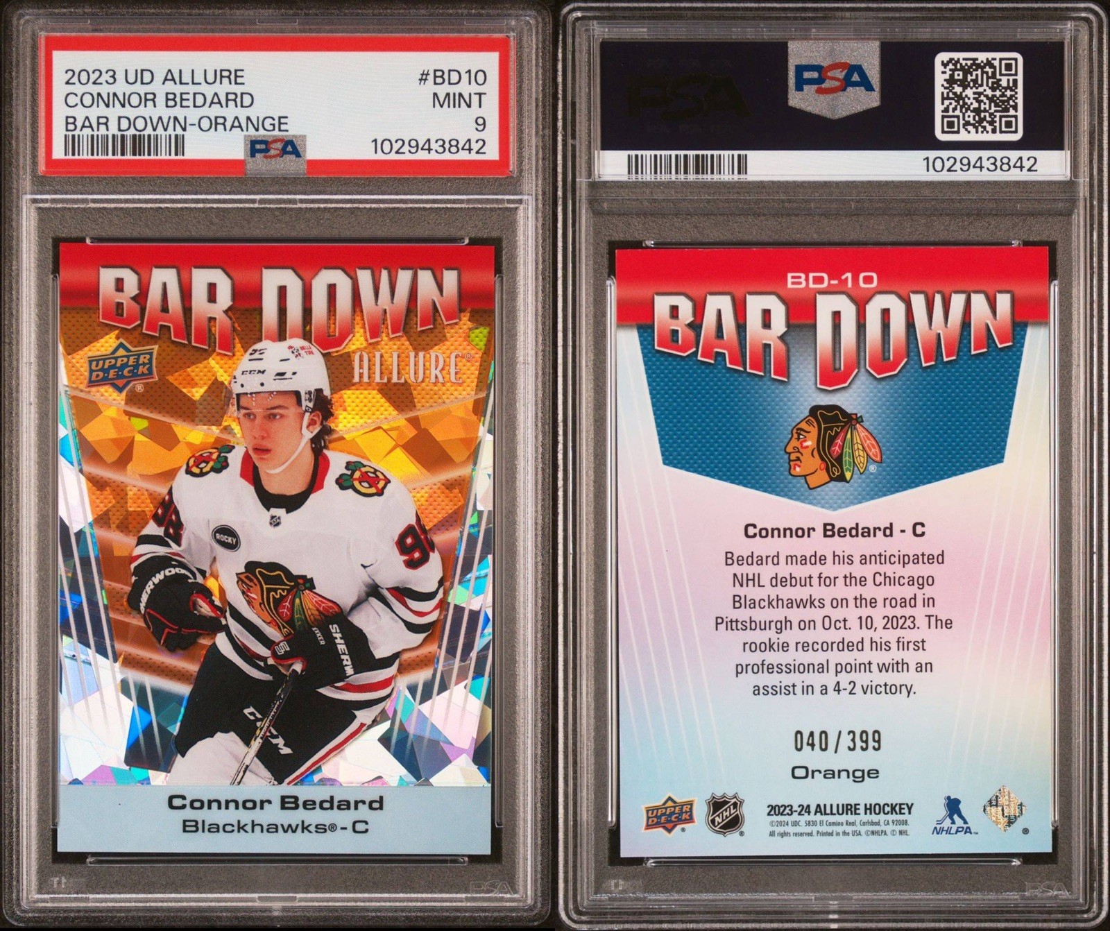 2023 UD ALLURE BAR DOWN ORANGE #BD10 CONNOR BEDARD 40/399 PSA 9 view 2