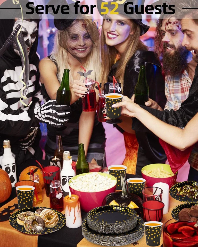 364 PIEZAS Suministros de Fiesta Negros y Dorados, 52 Juegos de Vajilla Desechable Incluye... Foto 4 de 4