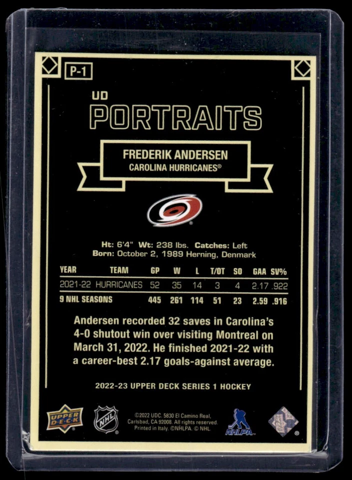 2022-23 Upper Deck Series 1 UD Portraits Frederik Andersen #P-1 Carolina - Image 2 of 2