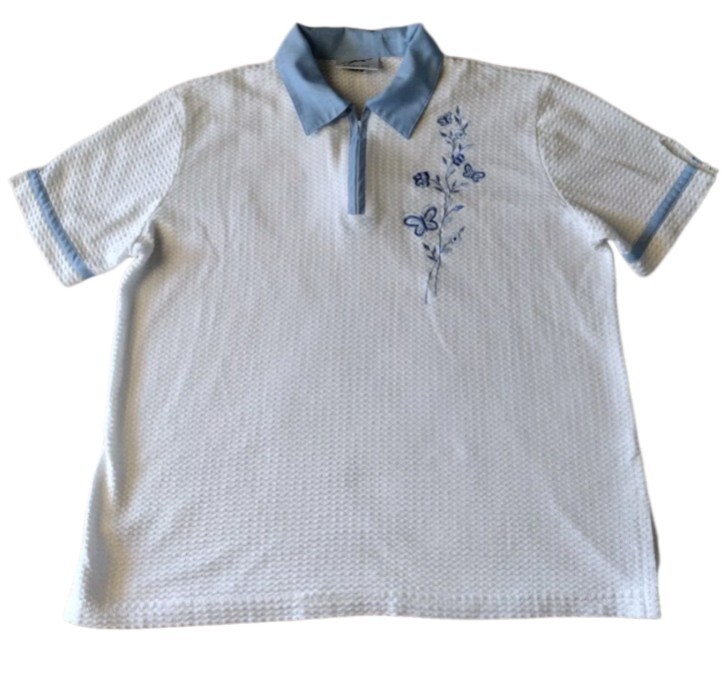 Vtg GW Division of Graff Blouse Women M White Blue Floral Embroidery 1/4 Zip