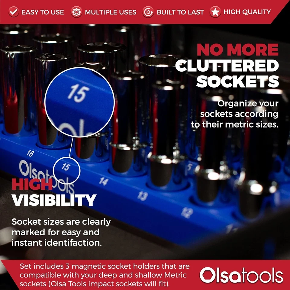 Olsa Tools Magnetic Socket Organizer | 3 Piece Socket Holder Kit | 1/2-inch, - Image 2 of 4