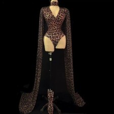 Fashion Leopard Pattern Hollow Bodysuit Gloves Shawl Dancer Stage Costume Outfit