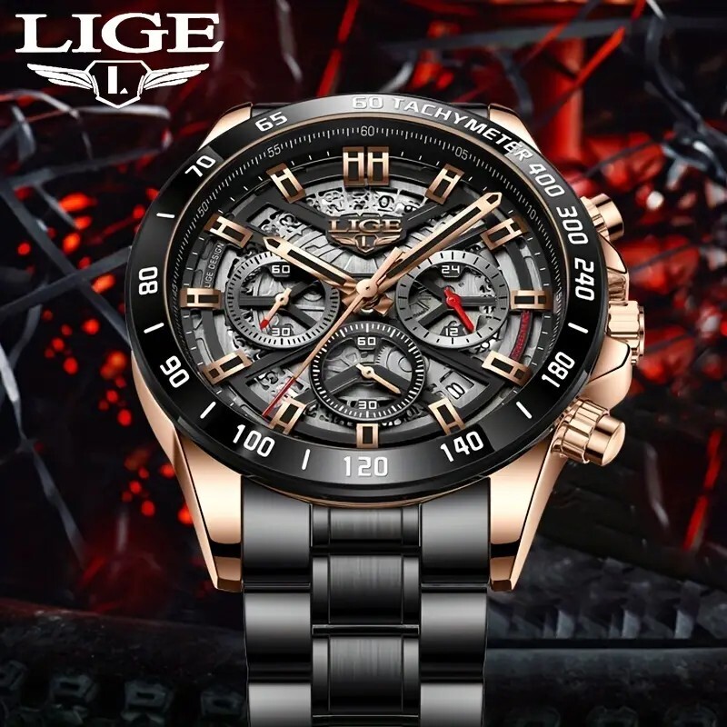 LIGE WATCH MEN BLACK TACHYMETER WATERPROOF STAINLESS STEEL eBay