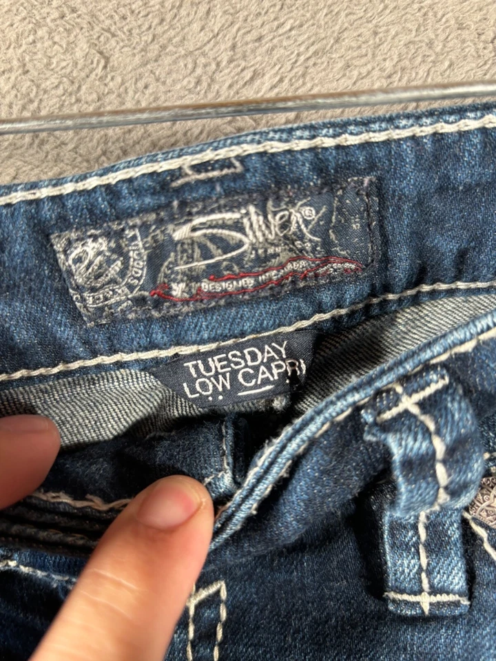 银色牛仔裤星期二牛仔裤蓝色低腰 29W 30x24 英寸西部金属重缝线 — 第 3/4 张图片