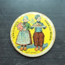 Antique ADVERTISING CELLULOID POCKET MIRROR VAN CAMP’S PORK AND BEANS “GET SOME”